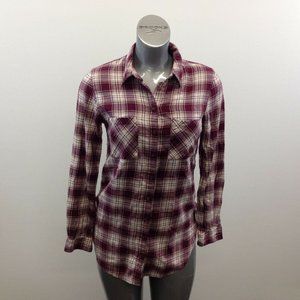 Garage Tunic Fit Button Up Shirt Women's Size Small Burgundy Beige Plaid